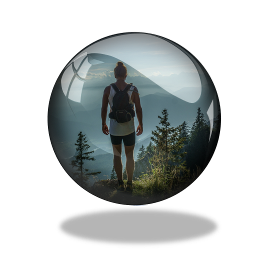 Orb based image showing person looking back from climb - metaphor for after adventure review