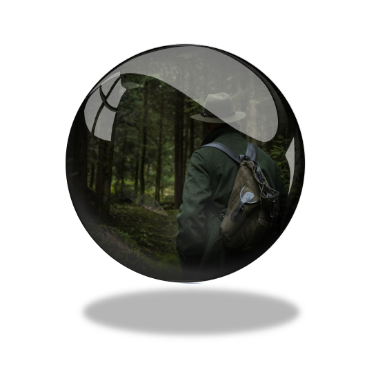 Glass orb image of man exploring woods in curious stance - metaphor for using questions to understand situations