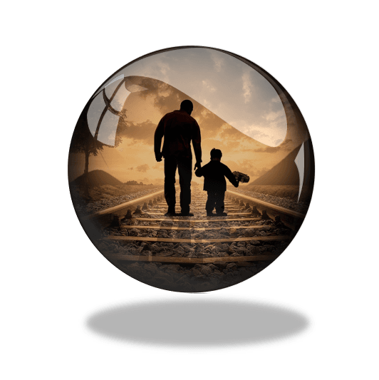 Man and child walking along track - Image metaphor for self-coaching - Accessing your highest future potential