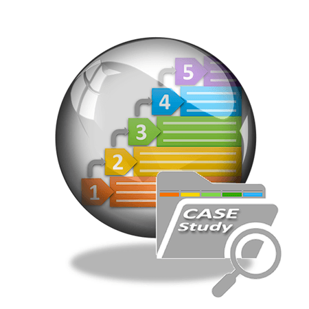 Icon based metaphor for customer maturity model showing orb and a scale