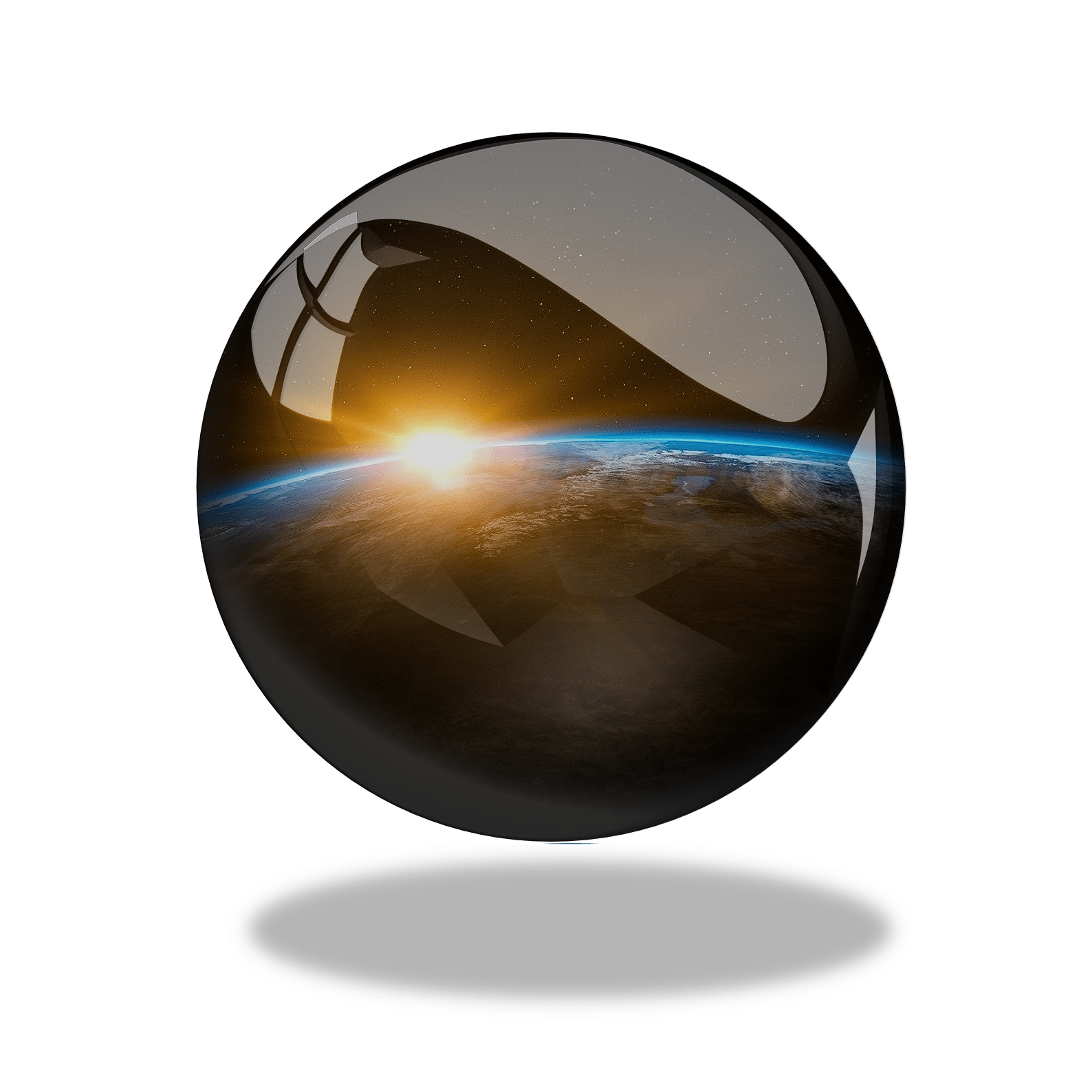 Glass orb reflecting a picture of Earth with sunrise behind it - representing a metaphor for worldview